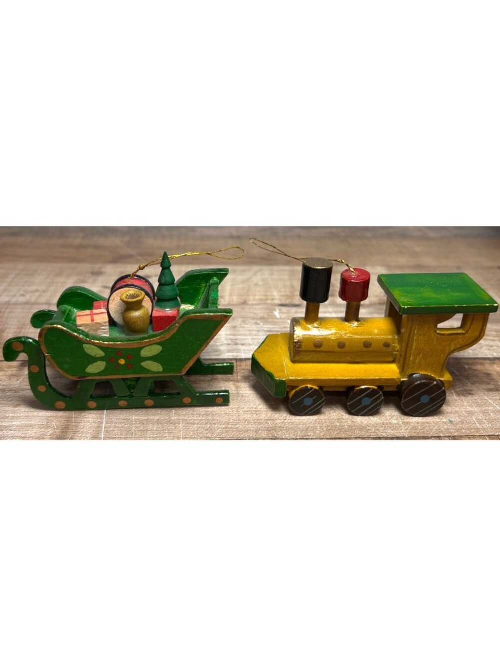 Vintage Hand-Painted Wooden Train & Sleigh Christmas Ornaments